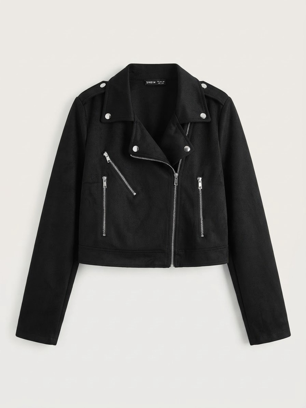 SHEIN Black Cropped Faux Suede Moto Jacket with Silver Zippers